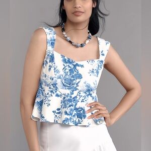 NWT Anthropologie Maeve Square Neck Peplum Tank Top in Blue Floral